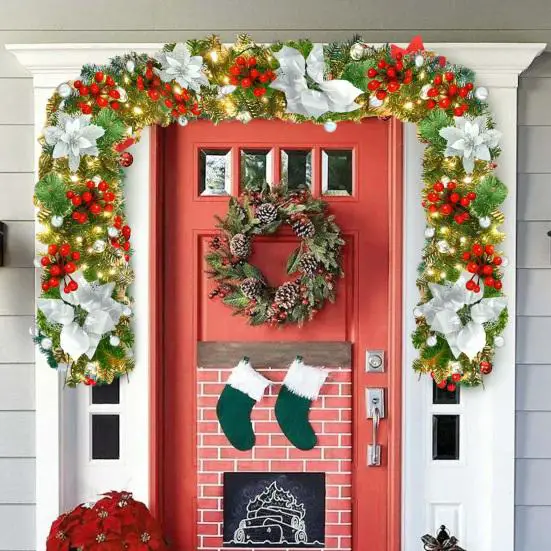 Symmetrical Doorway Decor with Lush Garland and Stockings Symmetrical Doorway Decor with Lush Garland and Stockings — Christmas Door Frame Lights