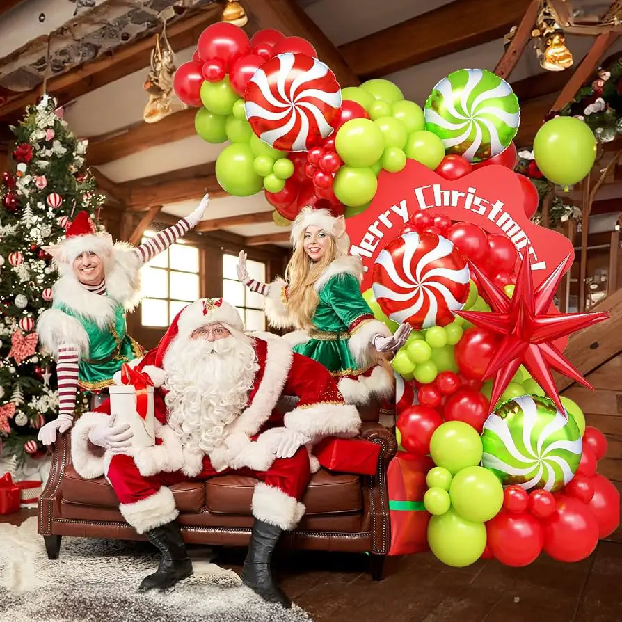 Festive Red, Green, and White Balloon Garland with Candy Cane and Star Accents — Christmas Balloon Garland