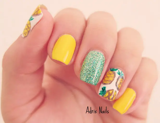 Bright Yellow Pineapple Art With Green Glitter Nails Bright Yellow Pineapple Art With Green Glitter Nails — pineapple nails ideas 2027