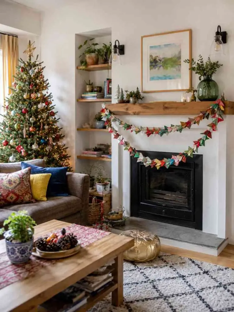 Cozy Modern Living Area with Festive Tree and Mantel — Modern Christmas Decor