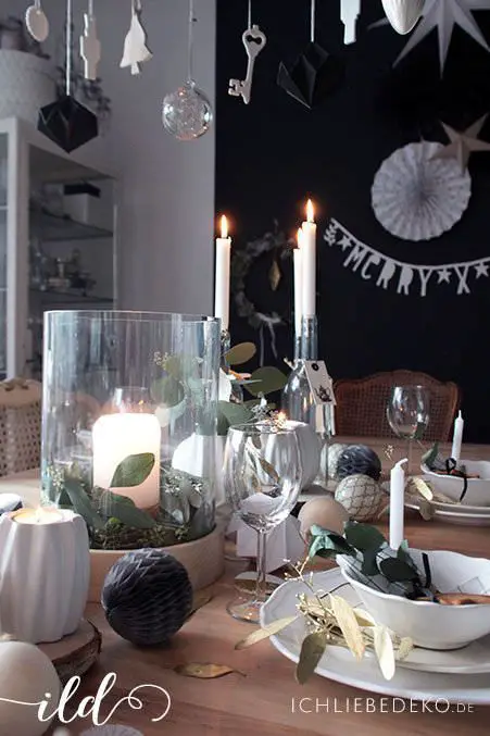 Monochrome Modern Dining with Black Wall and Greenery — Christmas Dining Room Decor
