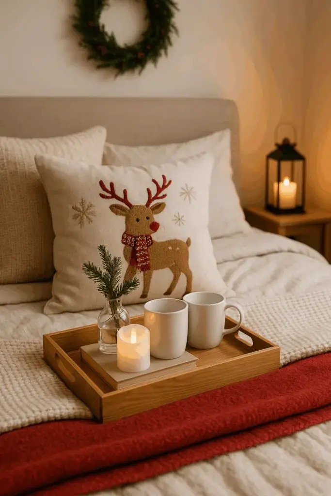Cozy Christmas Vignette with Reindeer Pillow and Wooden Tray — Christmas Bedroom Decor