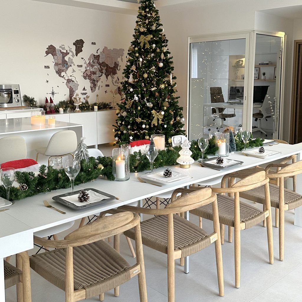 Modern Dining Table with Pine Garland and Natural Wood — Simple Christmas Centerpiece
