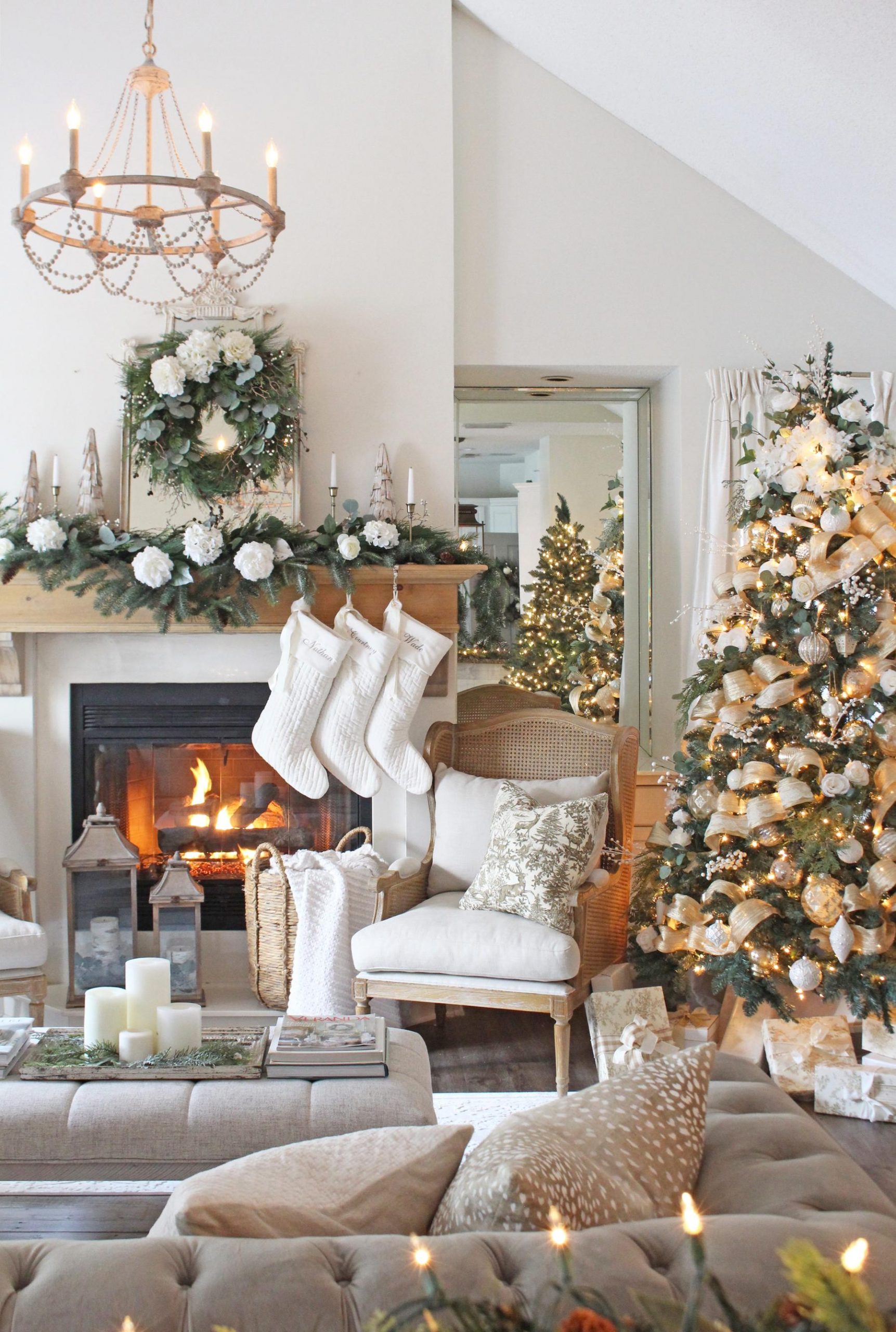 Cozy Fireplace Mantel with Stockings and Garland — Traditional Christmas Decor