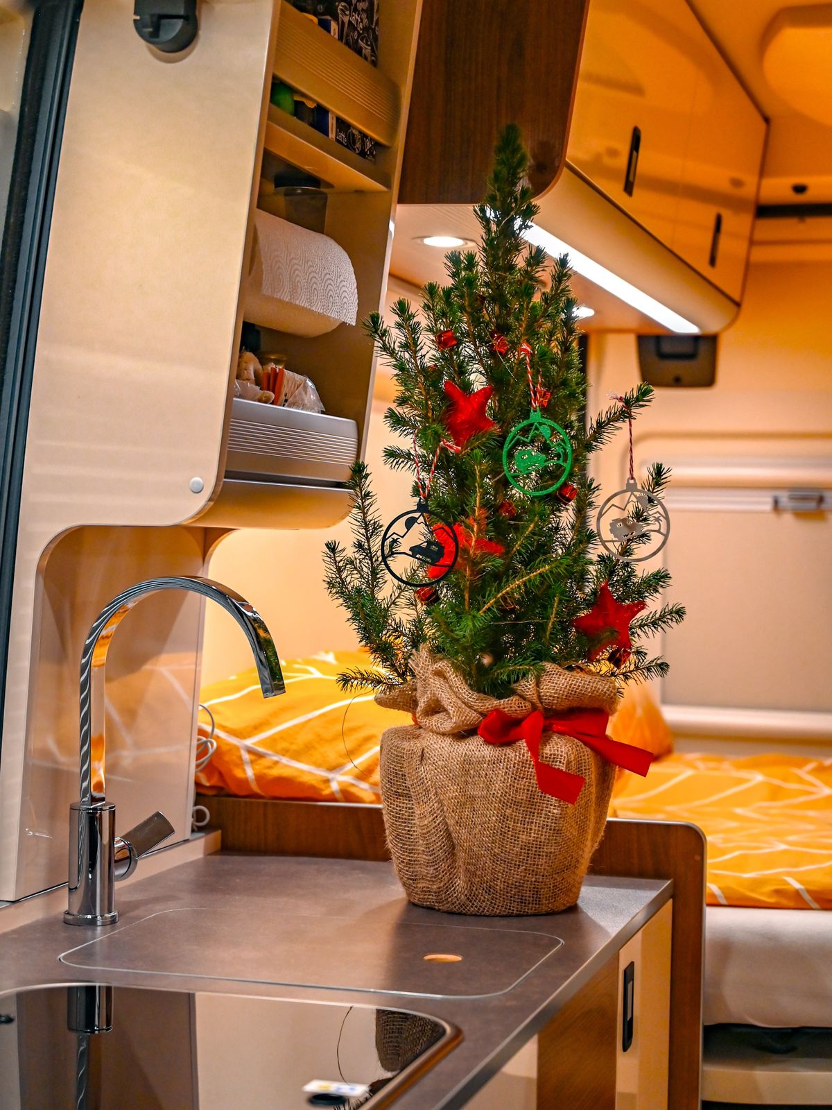 Miniature Christmas Tree in a Cozy Camper Van Interior — Christmas Tree Themes