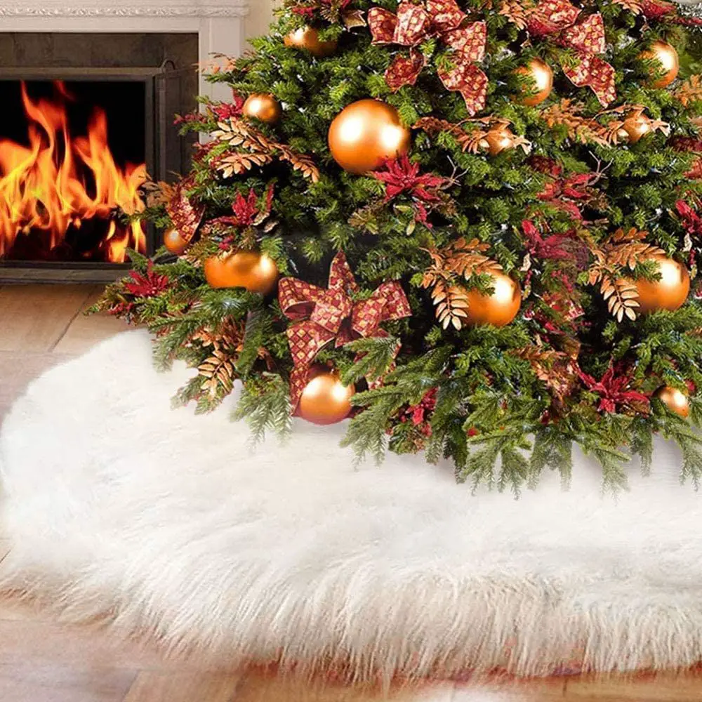 Plush White Faux Fur Skirt by a Fireplace Plush White Faux Fur Skirt by a Fireplace — Christmas Tree Skirt