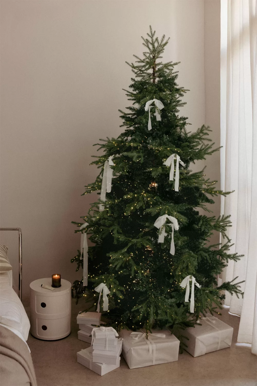 Minimalist Bedroom Christmas Tree with White Ribbon — Neutral Christmas Tree