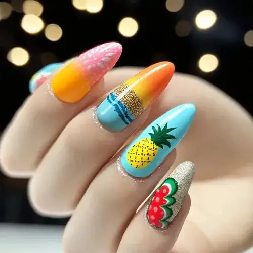Vibrant Blue Sunset Gradient Pineapple Stiletto Nails Vibrant Blue Sunset Gradient Pineapple Stiletto Nails — pineapple nails ideas 2027