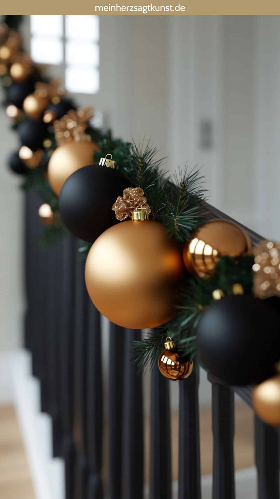 Elegant Garland with Oversized Black and Gold Baubles — Christmas Stair Garland