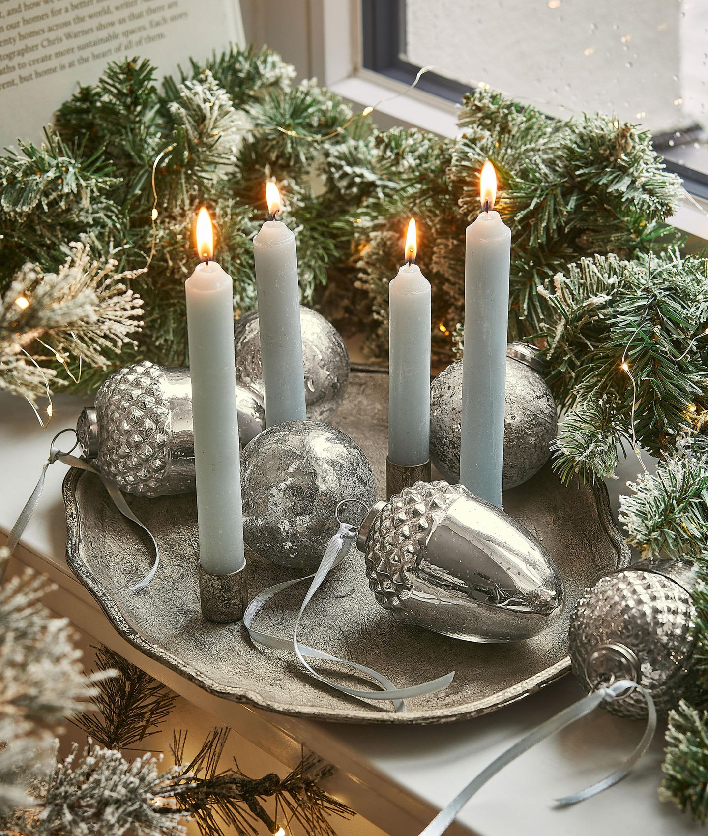 Silver Acorn Ornaments and Grey Candles — Tabletop Christmas Tree Decor