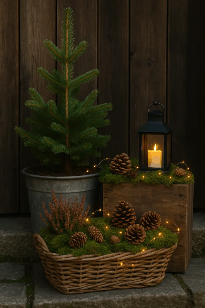 Rustic Decor Vignette with Potted Fir and Fairy Lights — Winter Front Door Decor