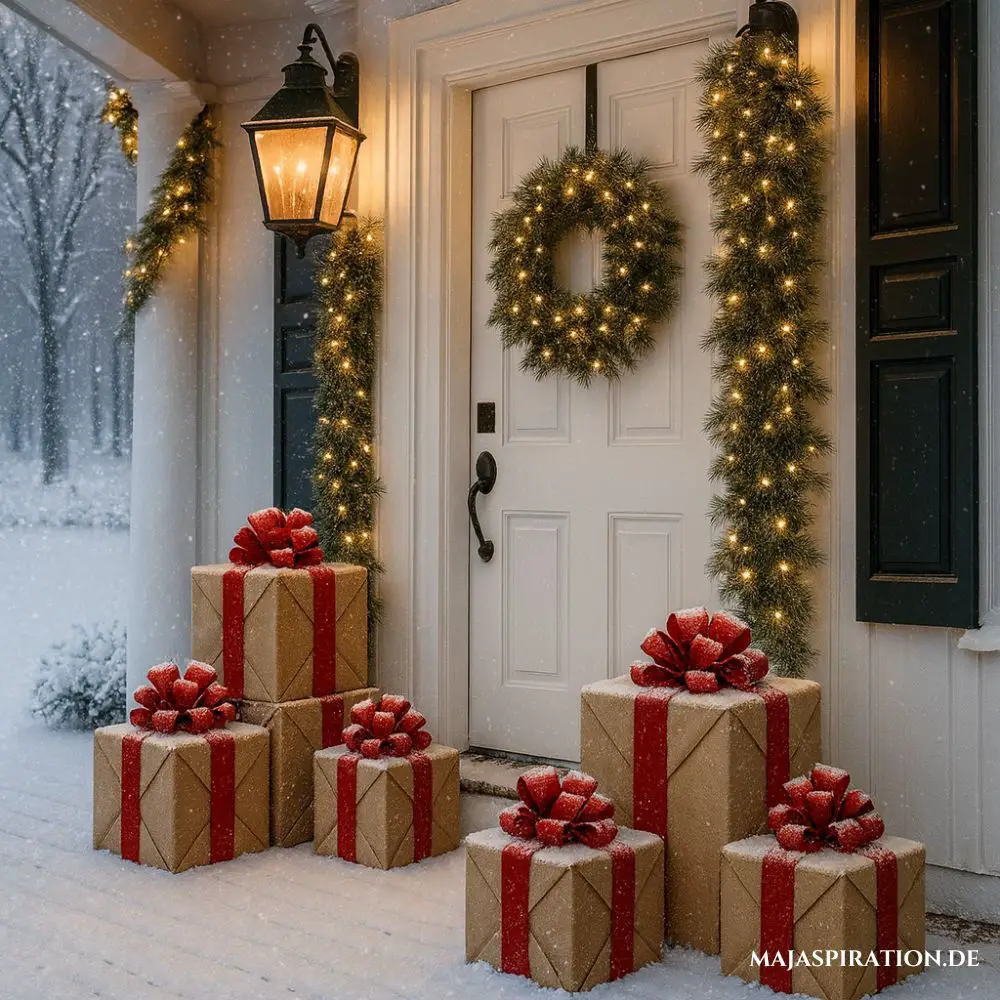 Elegant Christmas Porch with Large Gift Boxes and Garland — Small Christmas Porch
