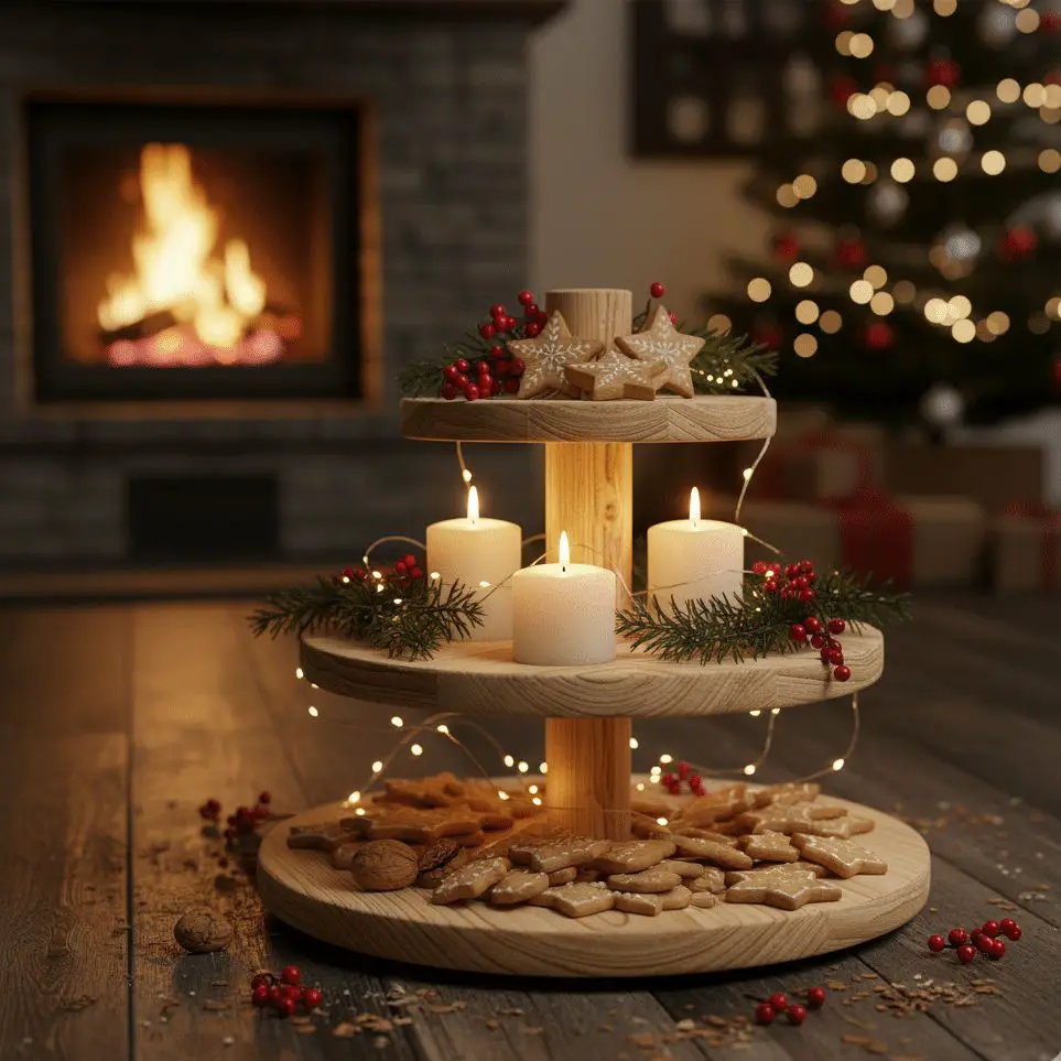 Rustic Tiered Tray with Gingerbread Cookies and Fairy Lights — Christmas Fireplace Decor
