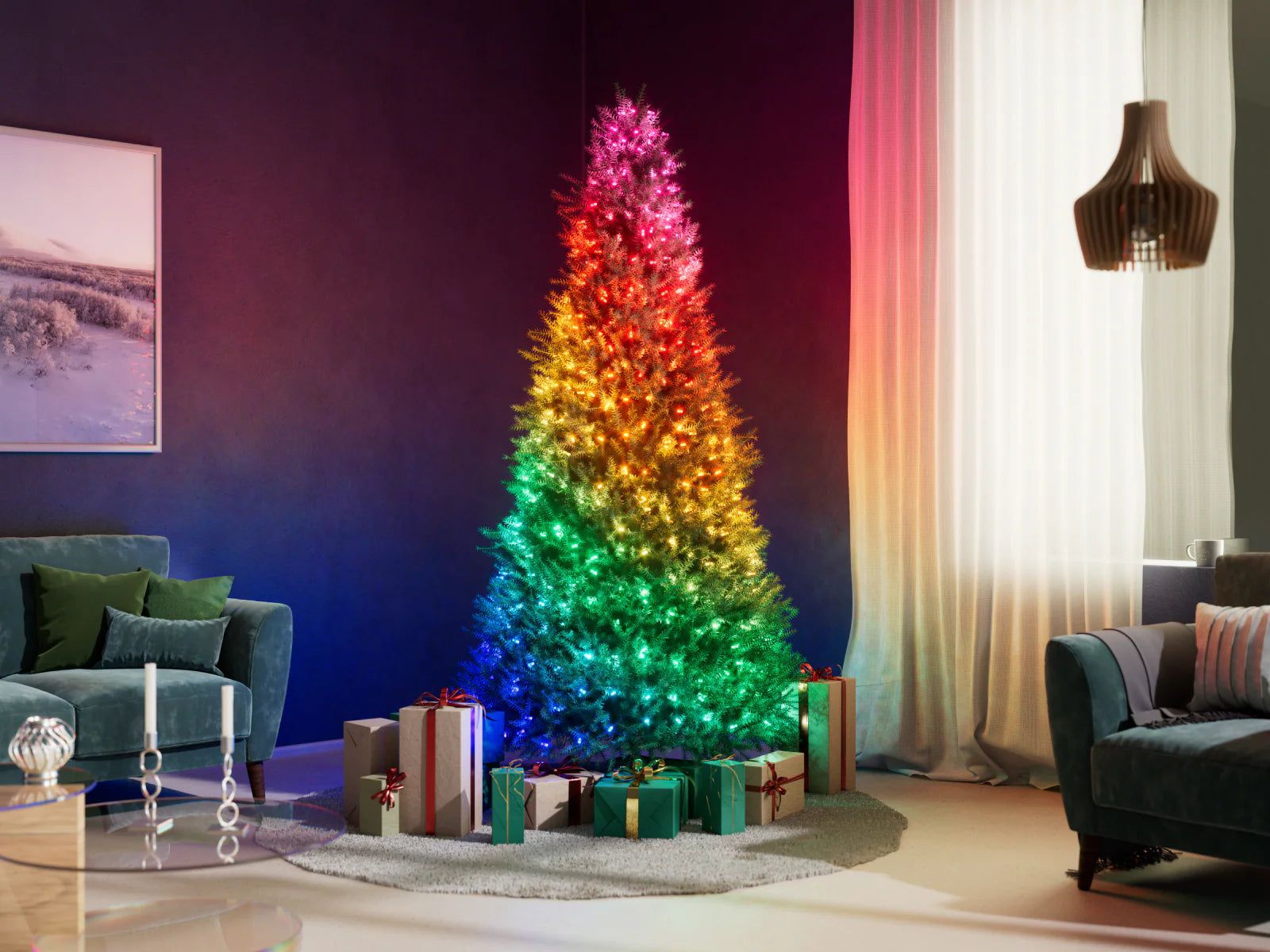 Sofas Facing Each Other Tree Centered Modern Living Room with a Multicolored Fairy Light Christmas Tree and Teal Sofas Sofas Facing Each Other Tree Centered Modern Living Room with a Multicolored Fairy Light Christmas Tree and Teal Sofas — Chri