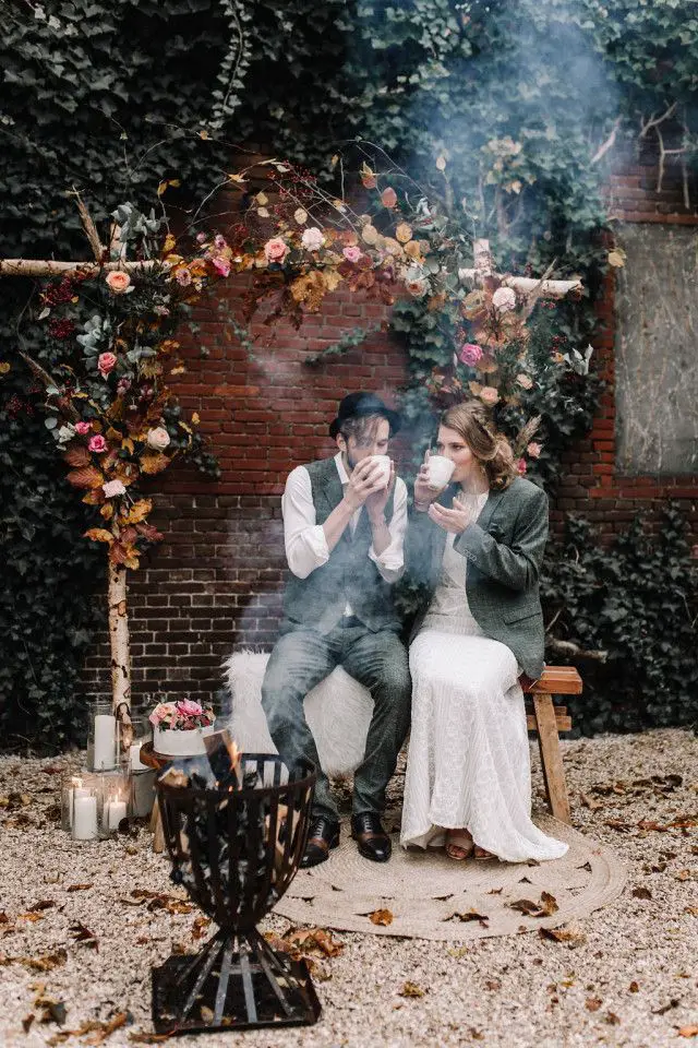 Boho Rustic Ceremony: Fire Pit and Floral Arch — Christmas Wedding Decor