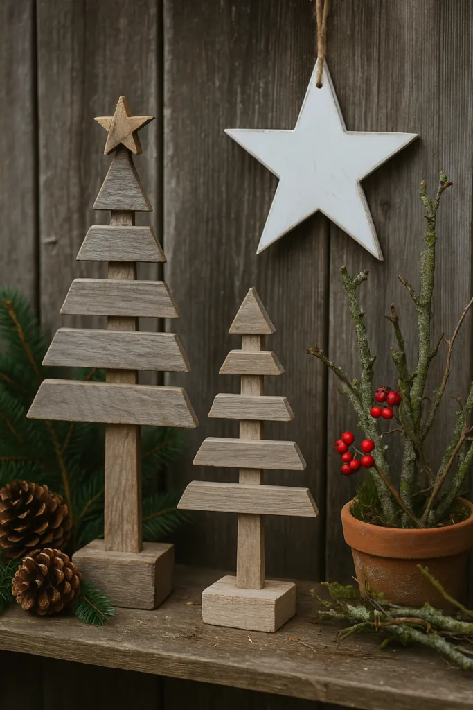 Showcase Minimalist Wooden Trees on an Outdoor Surface Showcase Minimalist Wooden Trees on an Outdoor Surface — Simple Christmas Outdoor Decor