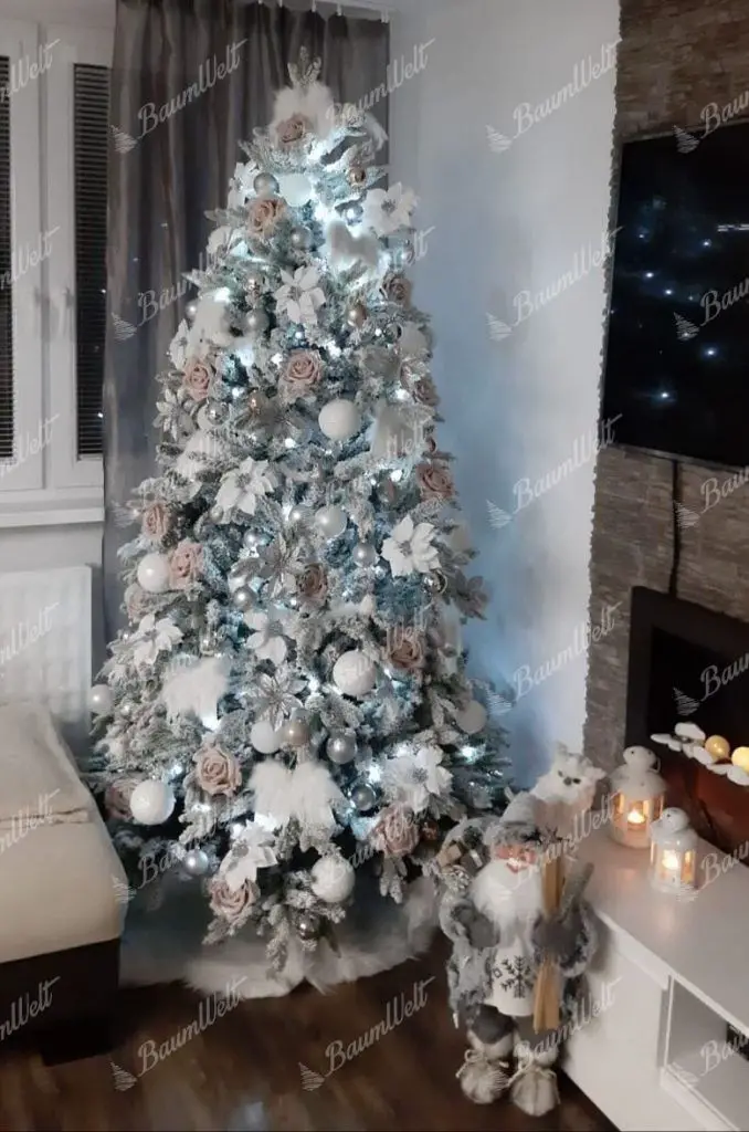 Glamorous White, Silver, and Blush Pink Flocked Tree — Christmas Tree Color Schemes