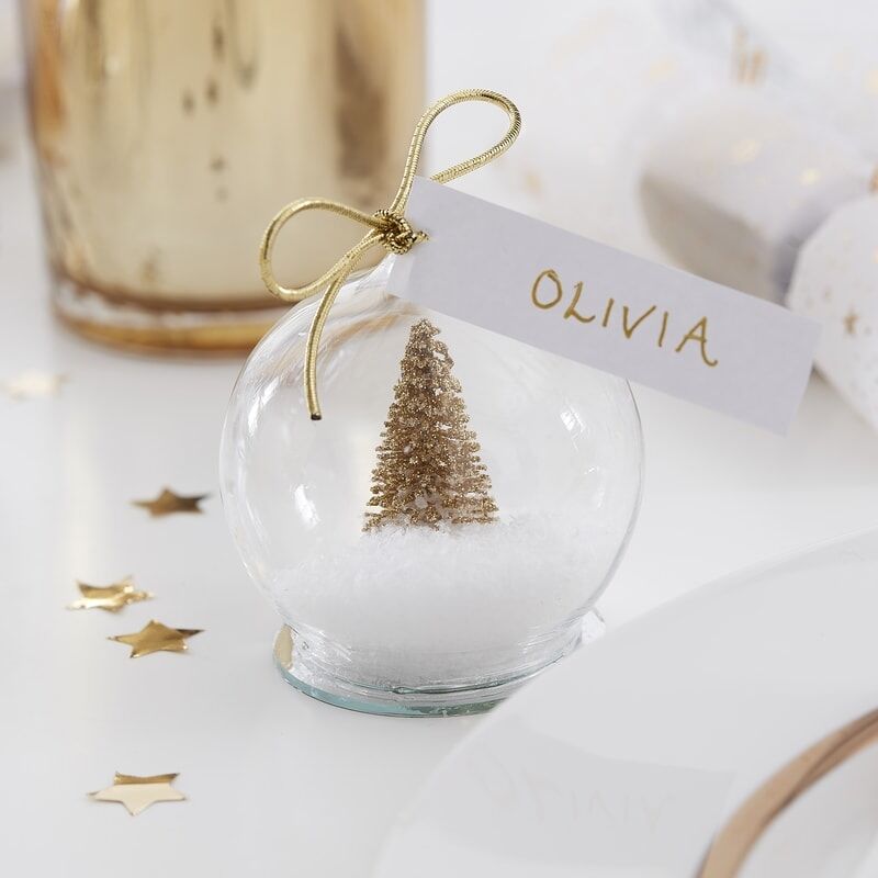 Glamorous Glass Bauble Place Card with Glitter Tree — Christmas Place Cards