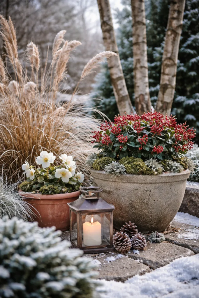 Add Festive Touches with Potted Plants Featuring Red Berries in a Garden Setting — Christmas Porch Decor