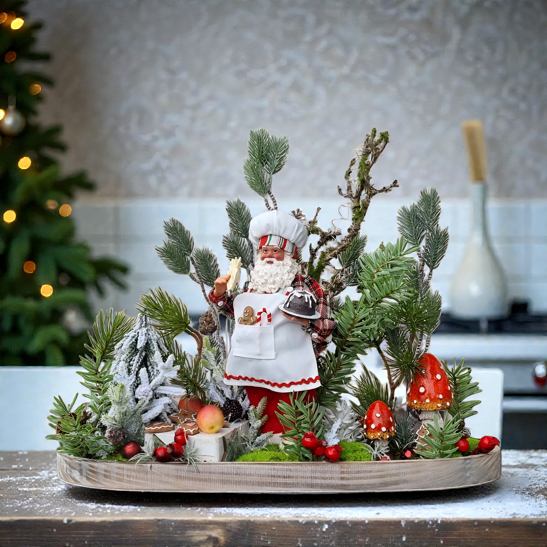 Whimsical Santa Chef Tiered Display with Miniature Elements — Christmas Tiered Tray