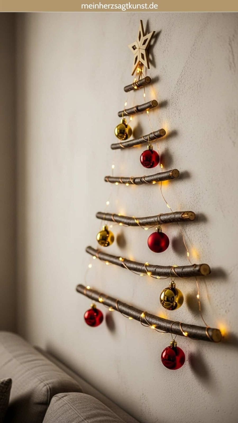 Rustic Wall-Mounted Branch Tree with Red Baubles Rustic Wall-Mounted Branch Tree with Red Baubles — Red and White Christmas Tree