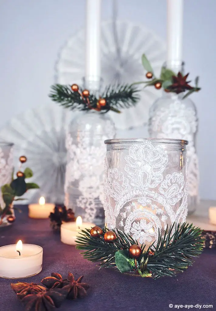DIY Lace Bottle Candle Holders with Copper Berries — Christmas Wedding Decor