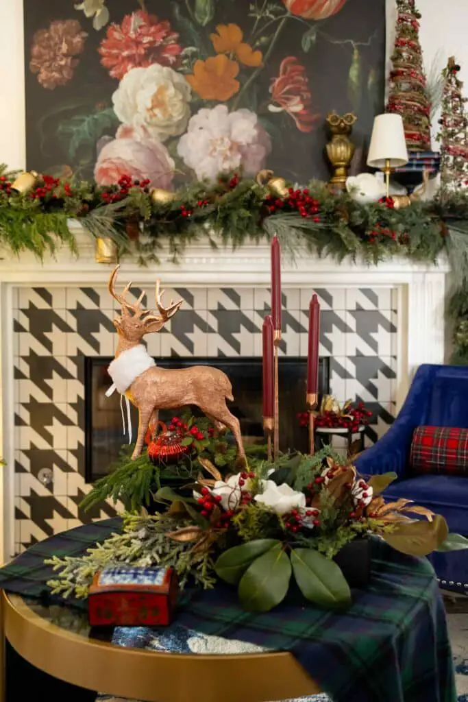 Eclectic Coffee Table with Metallic Deer and Floral Arrangement Eclectic Coffee Table with Metallic Deer and Floral Arrangement — Christmas Coffee Table Decor