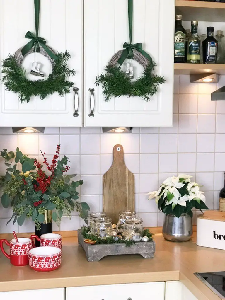 Modern Farmhouse Kitchen with Wreaths on Cabinet Doors Modern Farmhouse Kitchen with Wreaths on Cabinet Doors — Christmas Kitchen Decor