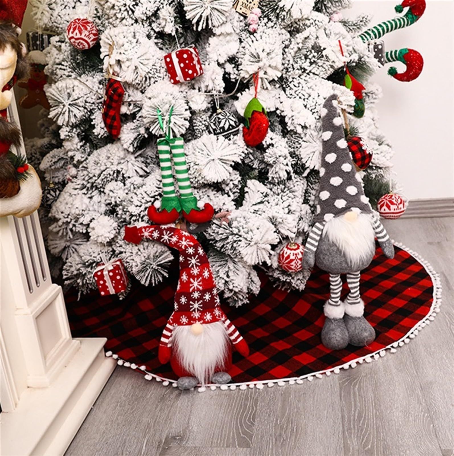 Plaid Skirt with Gnome Figures for Playful Holiday Charm Plaid Skirt with Gnome Figures for Playful Holiday Charm — Christmas Tree Skirt