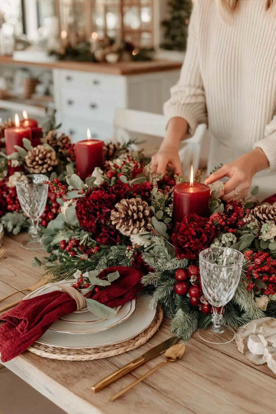 Vibrant Floral and Berry Centerpiece with Red Candles Vibrant Floral and Berry Centerpiece with Red Candles — Christmas Wedding Centerpiece