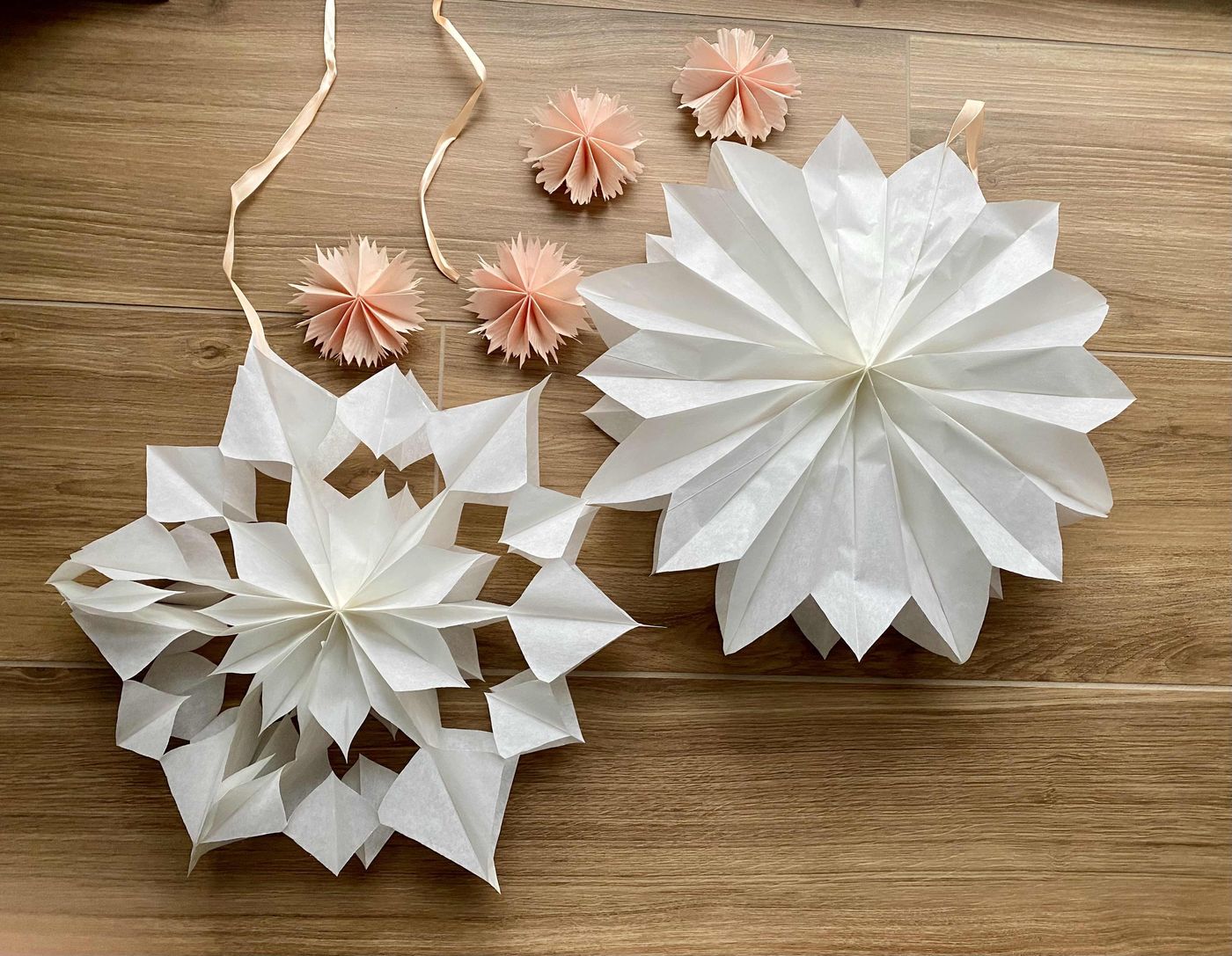 Origami Paper Snowflakes and Spheres in Minimalist Arrangement — Christmas Crafts for Adults