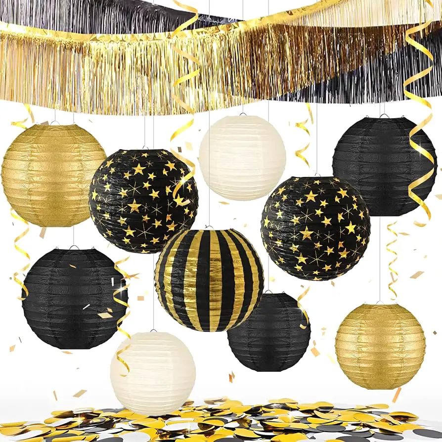 Hanging Gold Lanterns and Fringe Curtains for Party Ambiance — Gold New Years Eve Decor