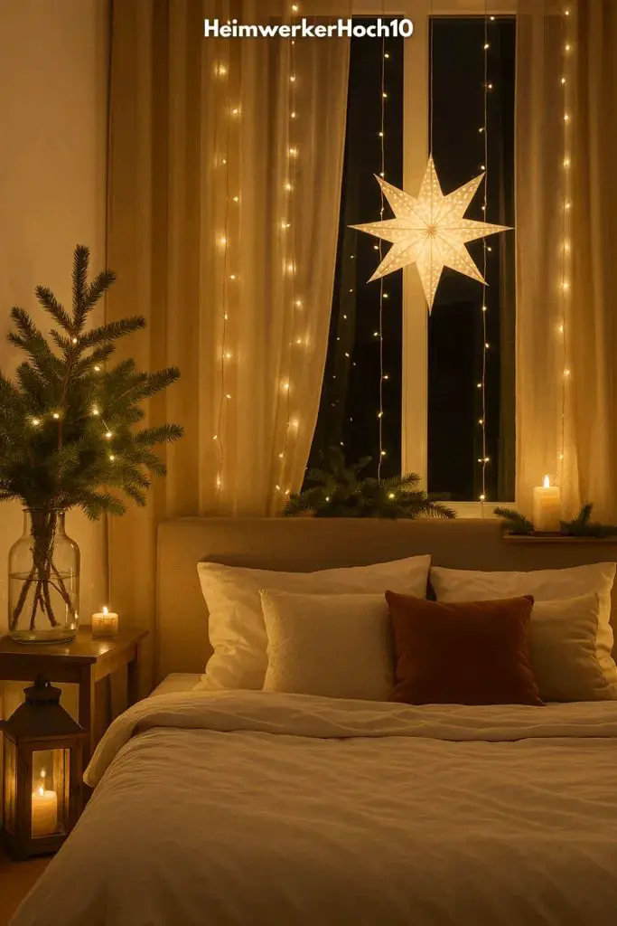 Cozy Bedroom with Illuminated Paper Star Lantern — Christmas Bedroom Decor