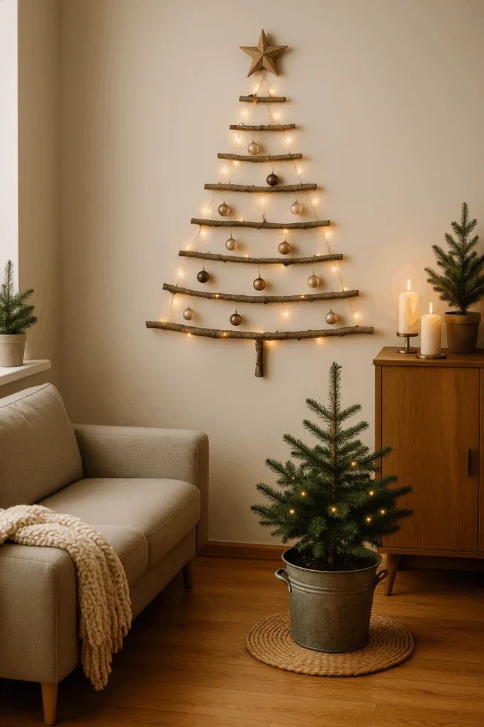Minimalist Living Room with a Wall-Mounted Branch Christmas Tree — Christmas Living Room Decor