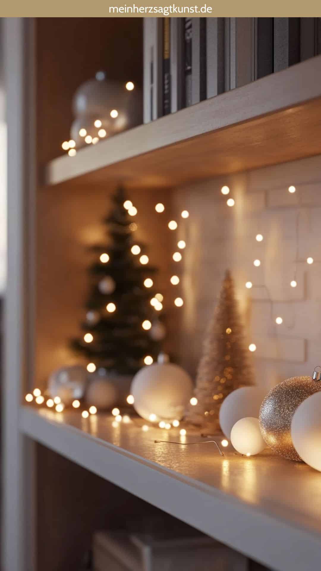 Festive Shelf Arrangement with White and Gold Ornaments Festive Shelf Arrangement with White and Gold Ornaments — Christmas Shelf Decor