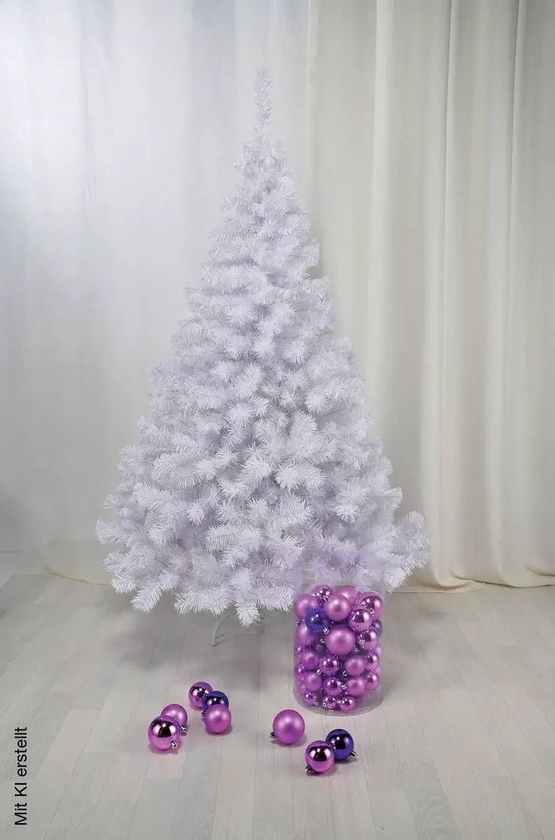 White Artificial Christmas Tree with Contrasting Purple Ornaments White Artificial Christmas Tree with Contrasting Purple Ornaments — White Christmas Tree Decor