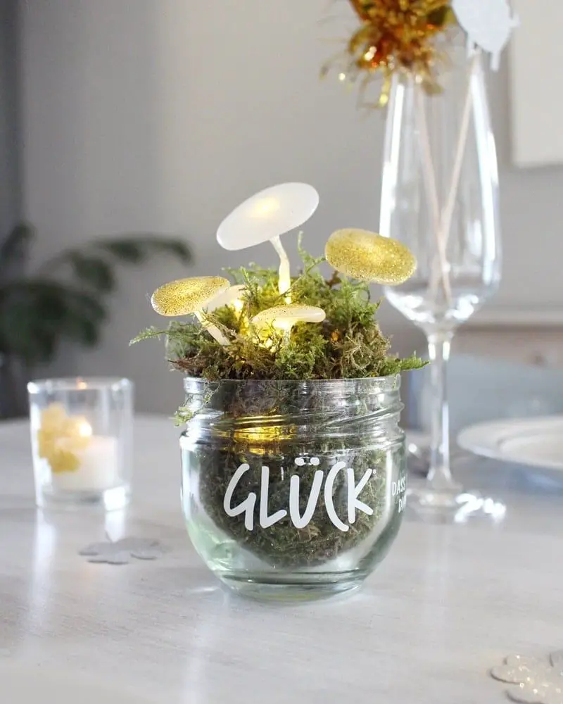 Charming Jar with Moss and Light-Up Mushrooms for Table Decor Charming Jar with Moss and Light-Up Mushrooms for Table Decor — New Years Eve Party Decor