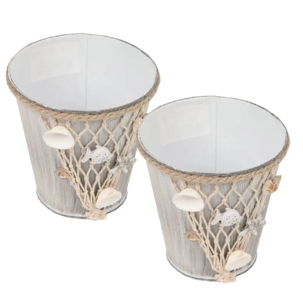 Decorative Coastal Buckets with Netting and Shells Decorative Coastal Buckets with Netting and Shells — Coastal Christmas Decor