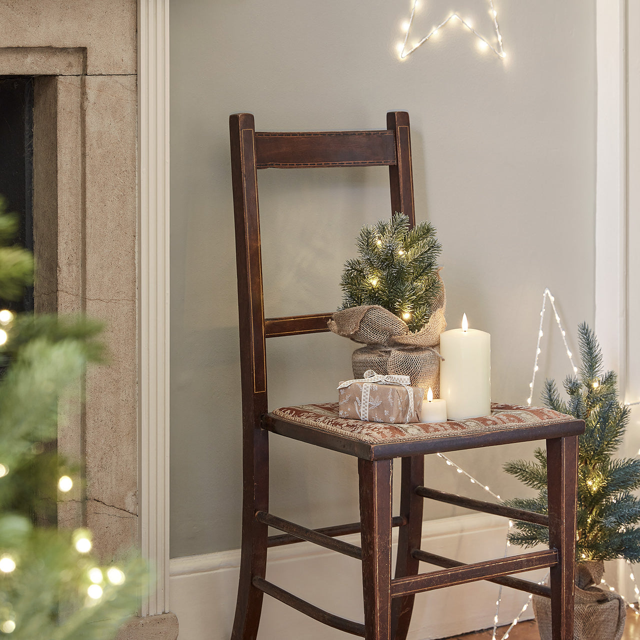 Miniature Burlap Christmas Tree on Vintage Chair — Neutral Christmas Tree