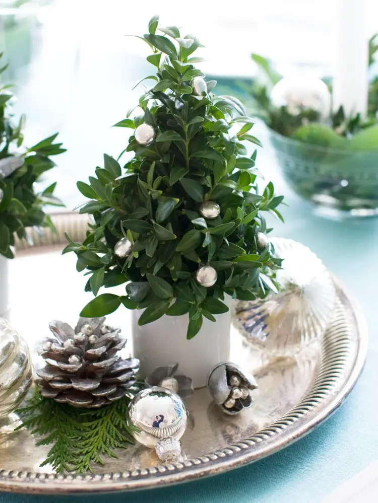 Silver Tiered Tray with Boxwood Tree and Silver Baubles — Christmas Tiered Tray