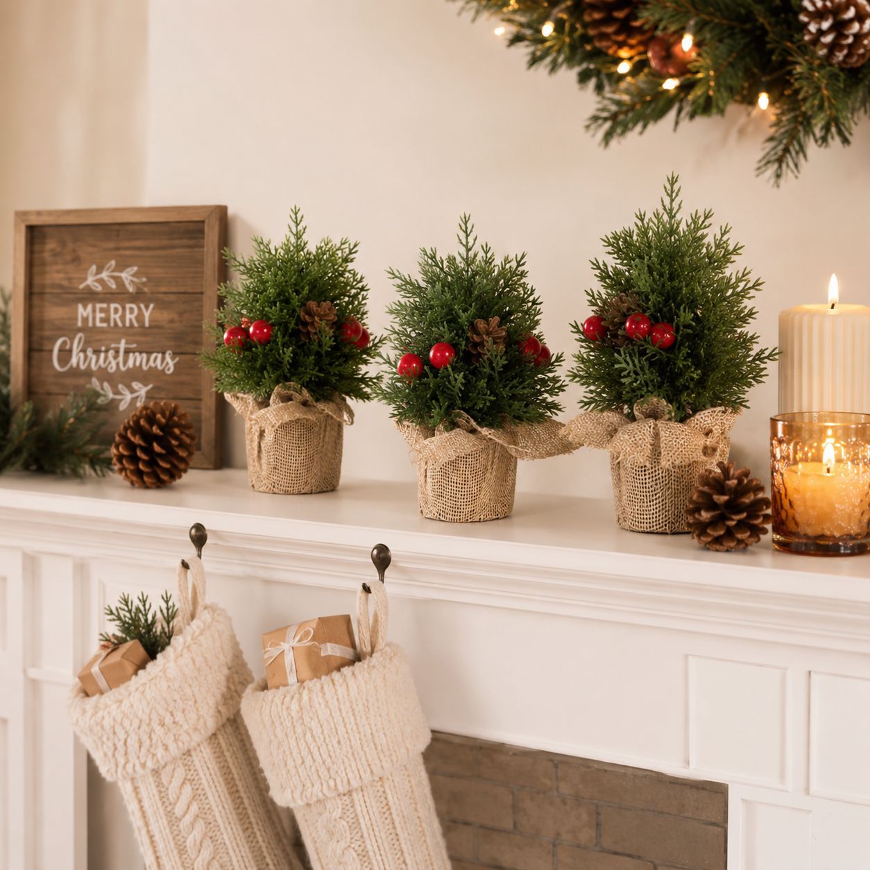 Miniature Trees in Burlap Pots on a Mantelpiece — Tabletop Christmas Tree Decor