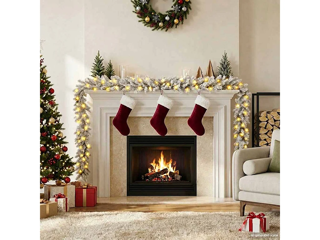 Traditional Flocked Garland with Warm Lights and Burgundy Stockings — Christmas Garland
