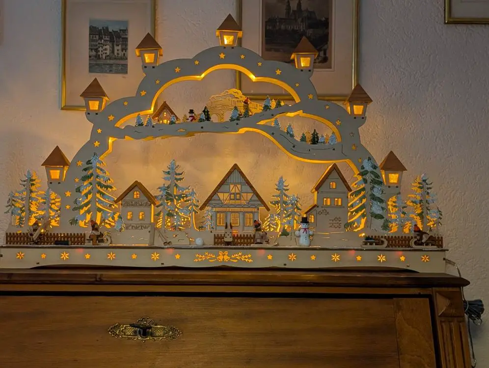 Detailed Wooden Village within an Illuminated Arch — Christmas Village Display