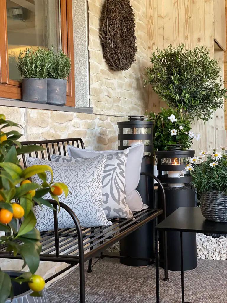 Modern Porch Bench with Grey Cushions and Black Lanterns — Winter Porch Decor