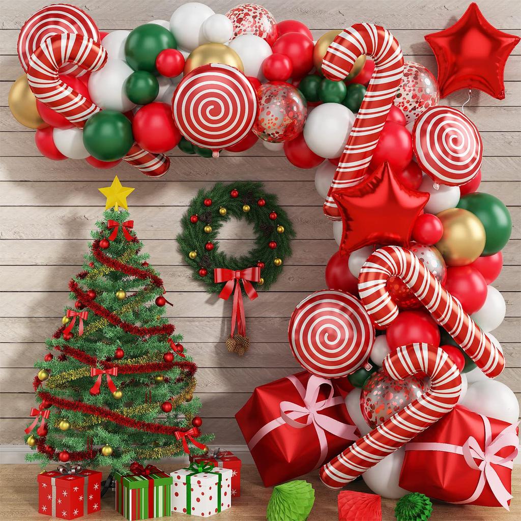Vibrant Red, Green, and Gold Balloon Garland with Candy Accents — Christmas Balloon Garland