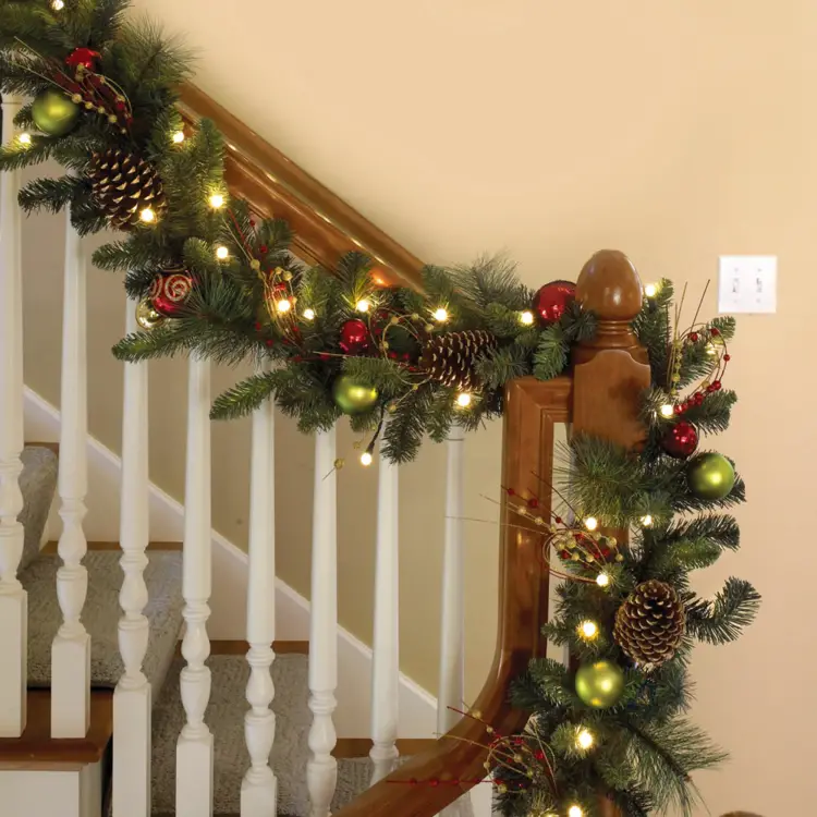 Classic Artificial Pine Garland with Red Baubles and Lights — Christmas Stair Garland