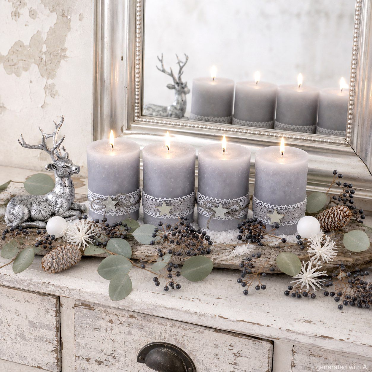 Rustic Dresser Top with Pillar Candles and Eucalyptus — Simple Christmas Centerpiece