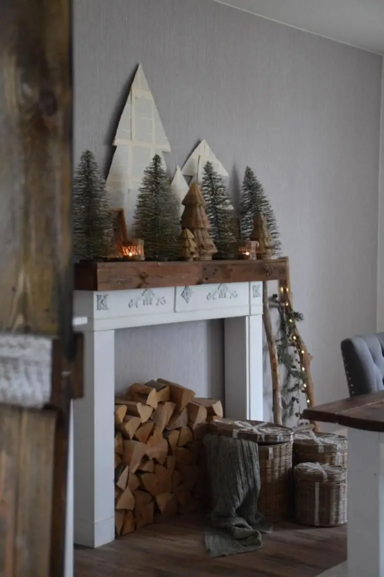 Rustic Mantel with Miniature Forest and Stacked Firewood — Winter Mantel Decor