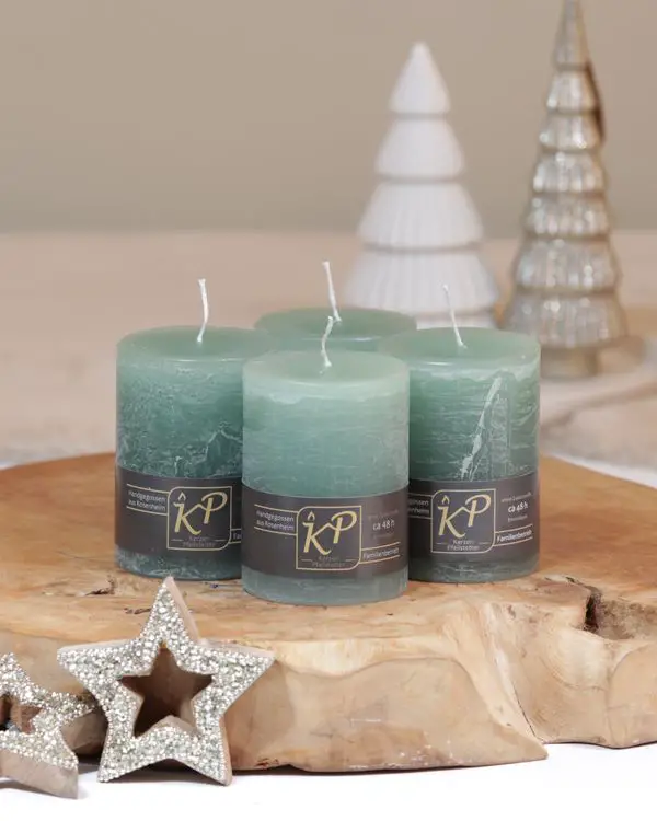 Rustic Sage Green Pillar Candles on Wooden Slice Rustic Sage Green Pillar Candles on Wooden Slice — Sage Green Christmas Decor