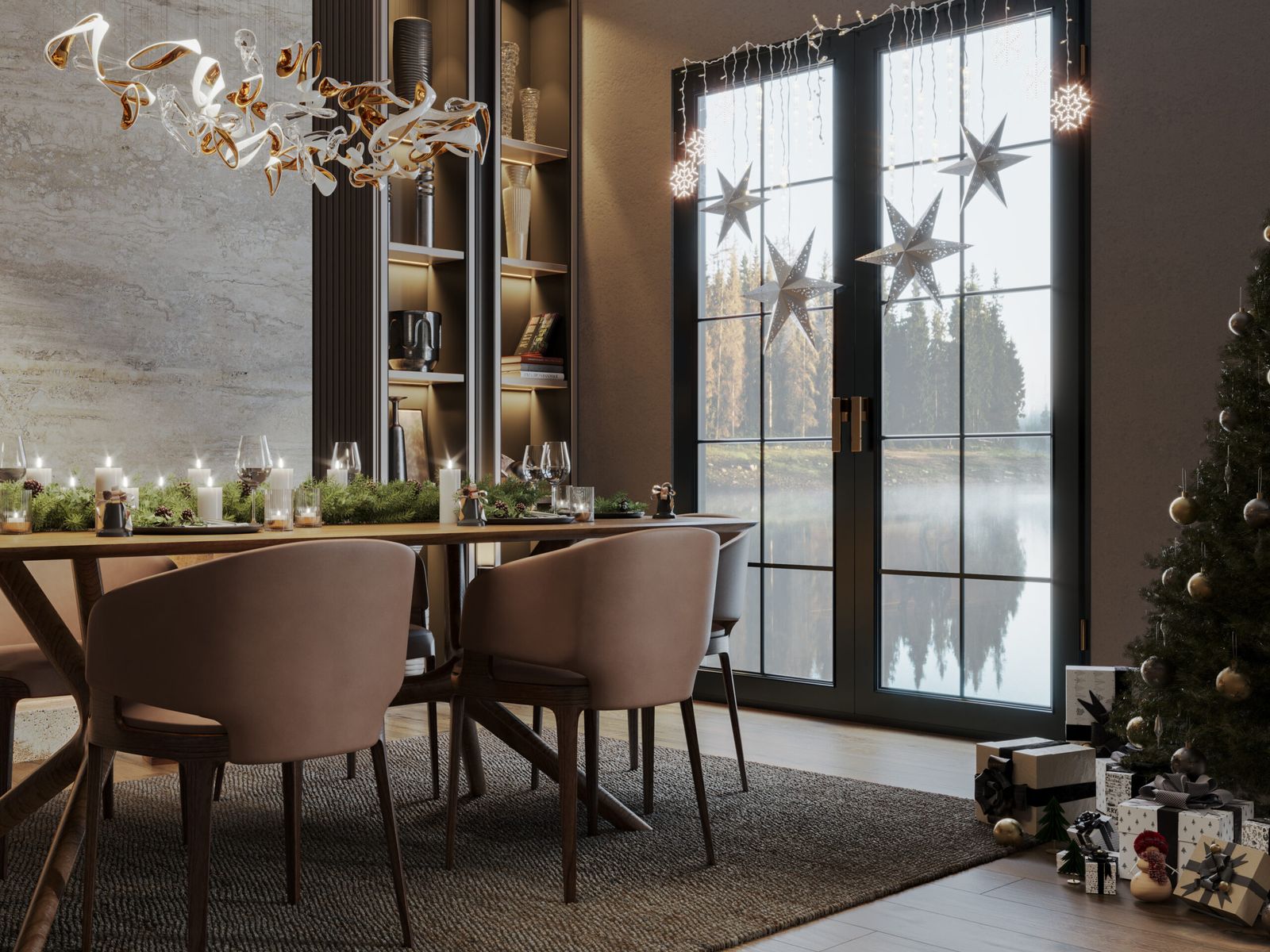 Modern Dining Room with Festive Table and Tree — Christmas Apartment Decor